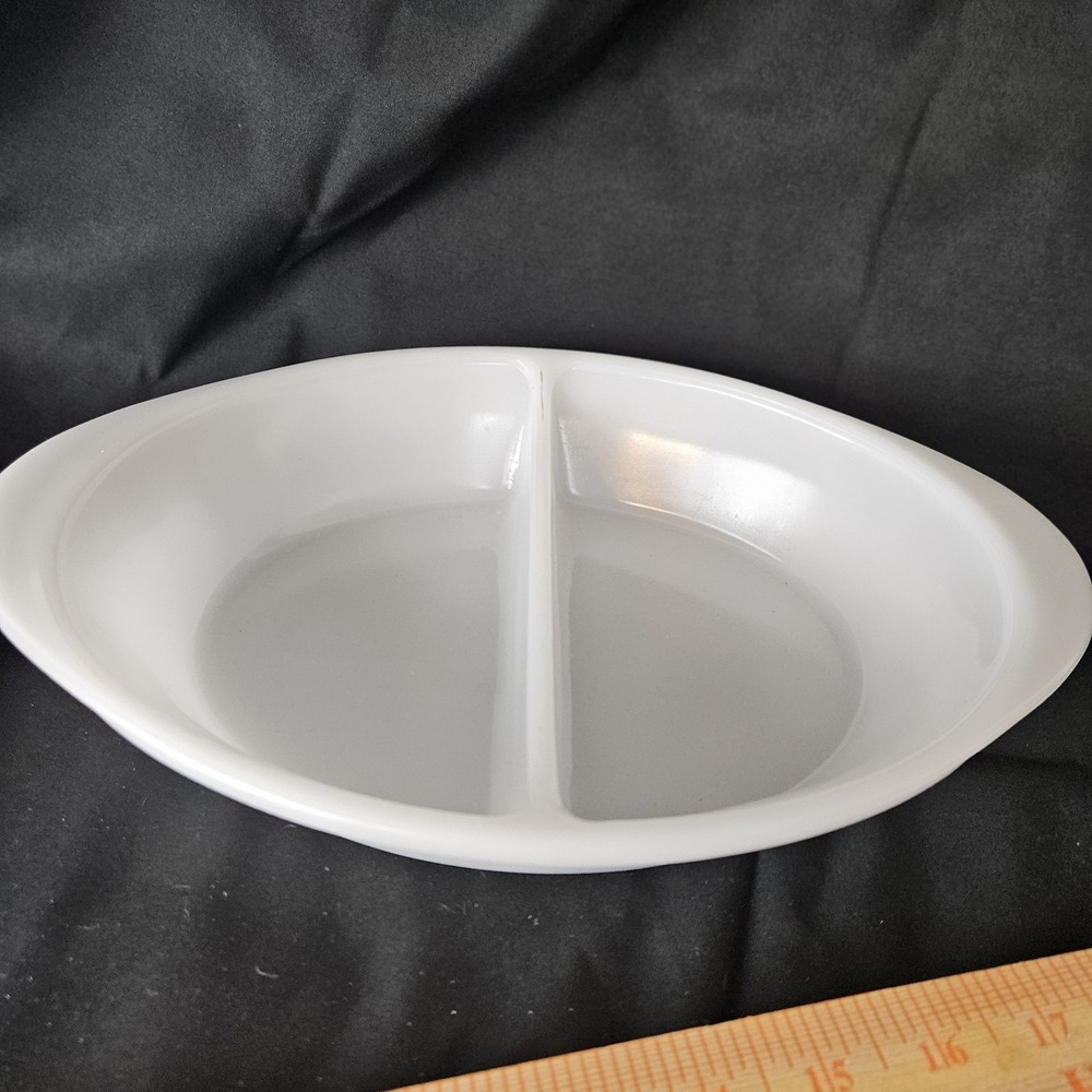 Vintage GLASBAKE White Milk Glass Oval Divided Baking Serving Dish J-2352 USA